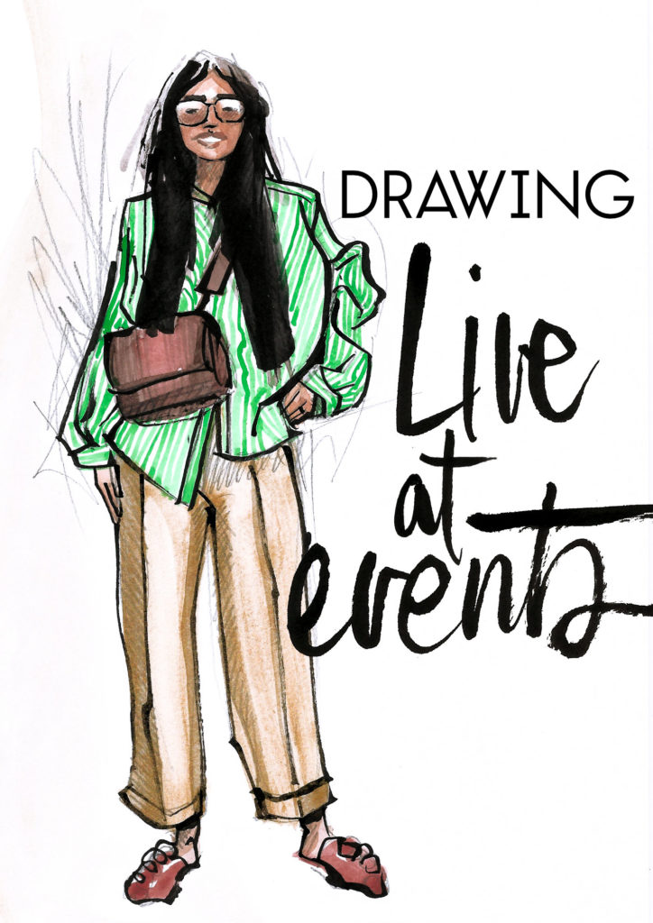 Live event fashion sketch artist offering custom illustrated portraits for brand launches, VIP events and experiential marketing.