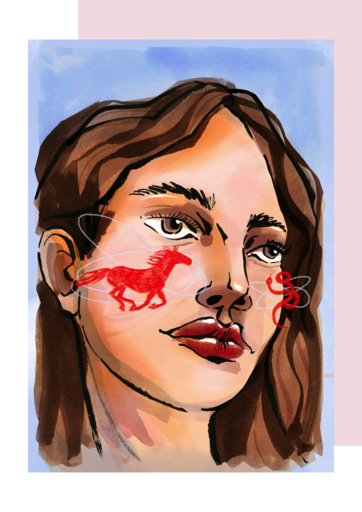 Premium illustration combining female portrait and red equestrian symbol, designed for editorial cover, brand campaign or bold visual identity focused on movement and character.