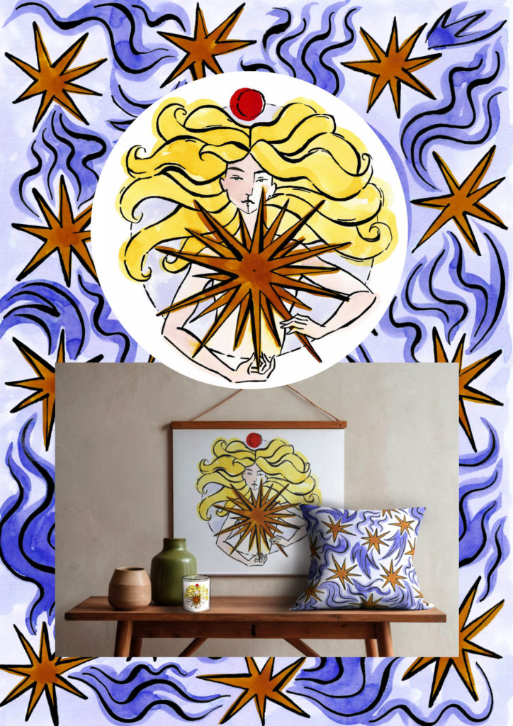 Custom celestial illustration designed for art prints, decorative objects and textile applications, ideal for brand licensing, interior styling projects and bespoke creative commissions.