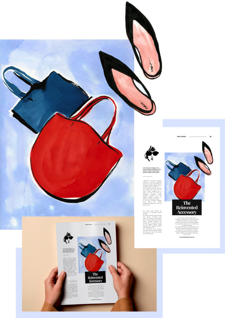 Contemporary fashion accessory illustration highlighting sculptural handbags and minimalist footwear, ideal for luxury brand storytelling, magazine layouts and high-end commissioned artwork.