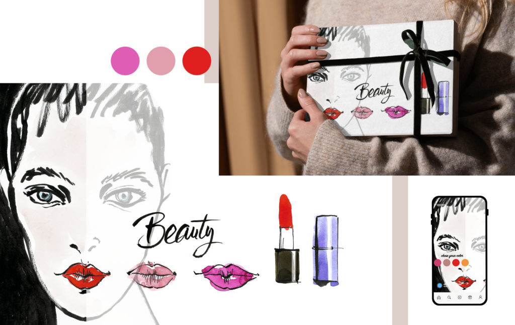 Expressive fashion beauty illustration developed for packaging, makeup product and digital activation, strong visual identity for premium cosmetic brand.