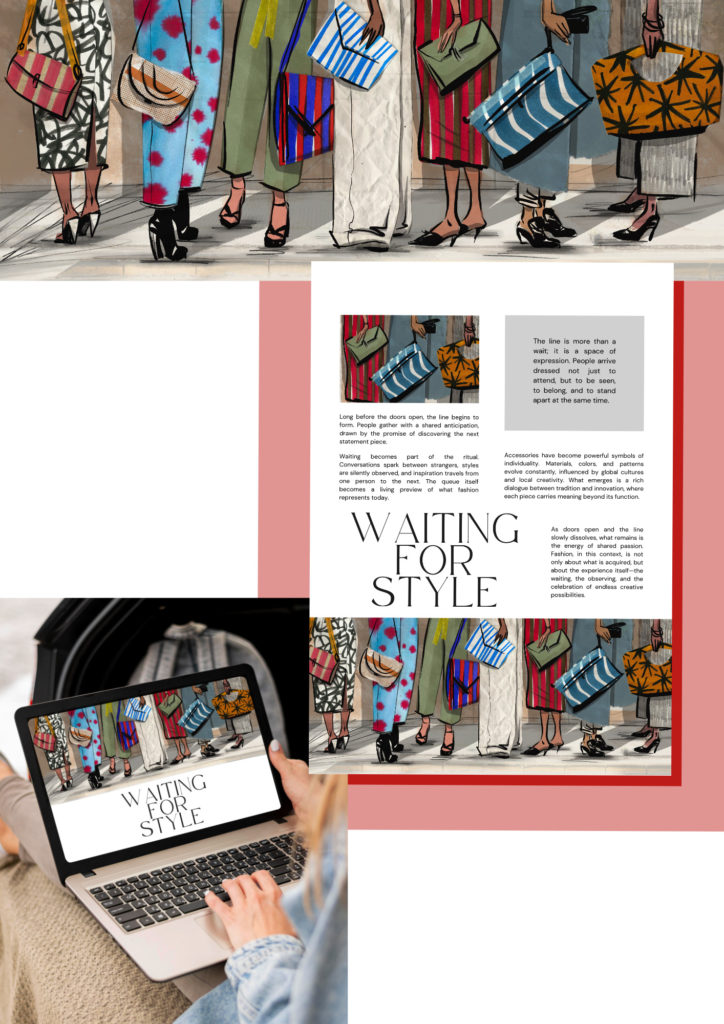 Fashion illustration project titled “Waiting for Style,” featuring a group of elegant figures carrying colorful patterned handbags. The artwork combines expressive linework, textured shapes, and a contemporary editorial style, presented within a refined portfolio layout with mockups and storytelling elements inspired by luxury fashion and accessories.