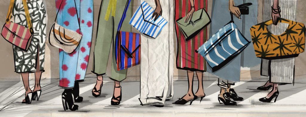 Editorial fashion illustration of women carrying colorful designer-style handbags, featuring bold outlines, patterned fabrics, and a modern luxury aesthetic.